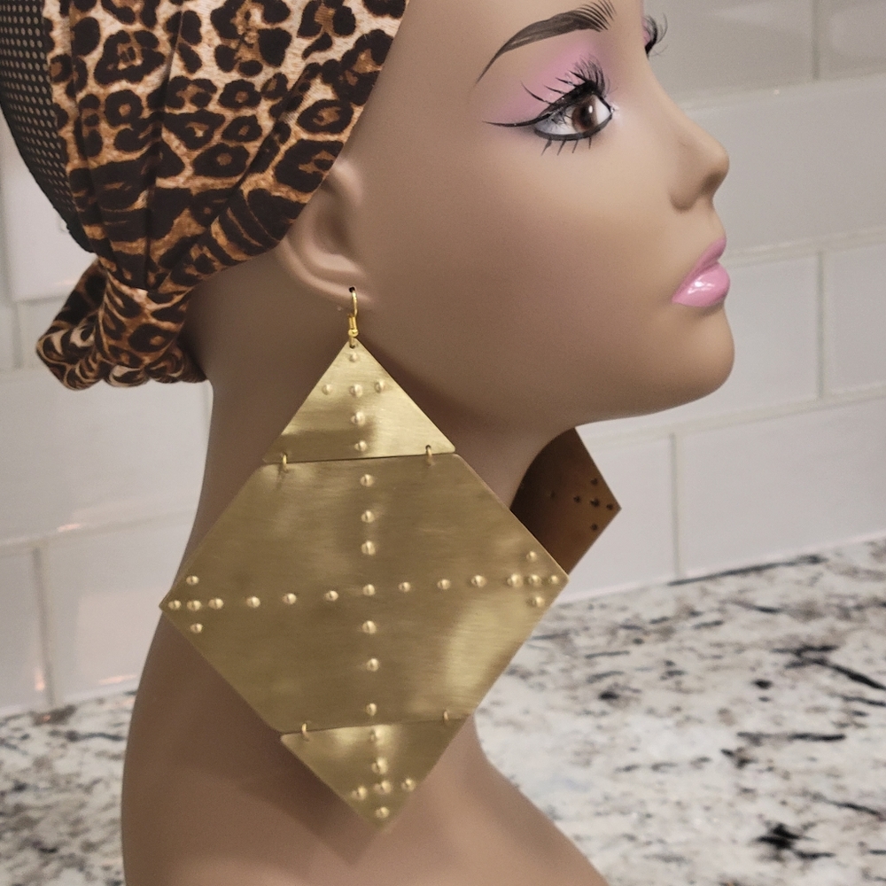 Diamond Shaped Goldtone Oversized Ethnic Statement Hammered Hinged Earrings
